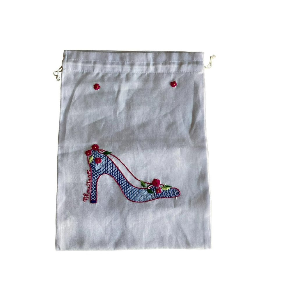 French Shoe Bag Hand Embroidered Linen 11in x 15 in Drawstring